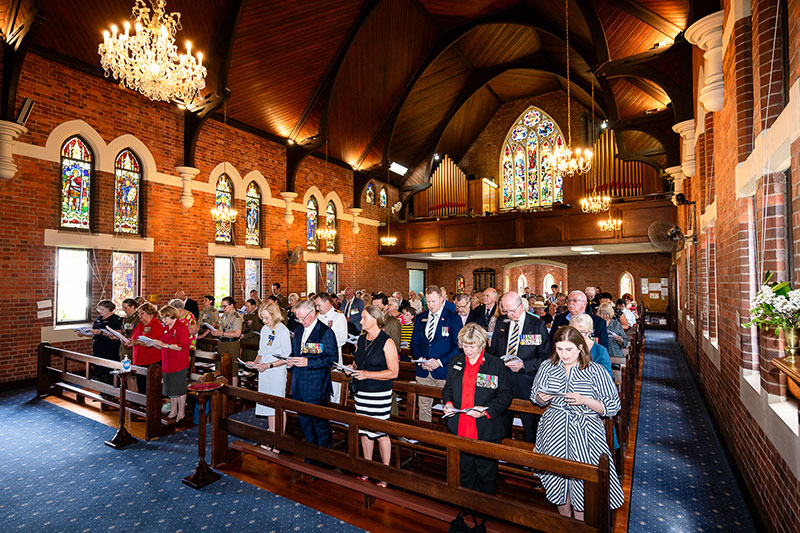 A crowd gathers in Brisbane’s Memorial Church for the 82nd anniversary of the Bangka Island Massacre at Brisbane’s Memorial Church.