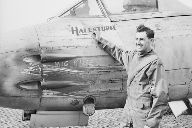 Image: Australian War Memorial | SGT George Hale, Pilot, 77 Squadron Royal Australian Airforce after a brush with MIG fighters over North Korea.