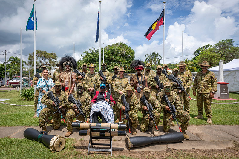 Image: Defence Australia | Mr Awati Mau and members of 51 FNQR at the 80th anniversary ceremony of the Torres Strait Island Light Infantry Battalion.