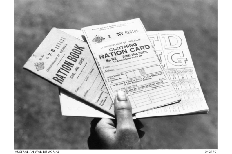 Rationing controlled the amount of clothing, food and fuel that Australians could purchase during WWII. Photographer unknown, 1944, AWM 042270.