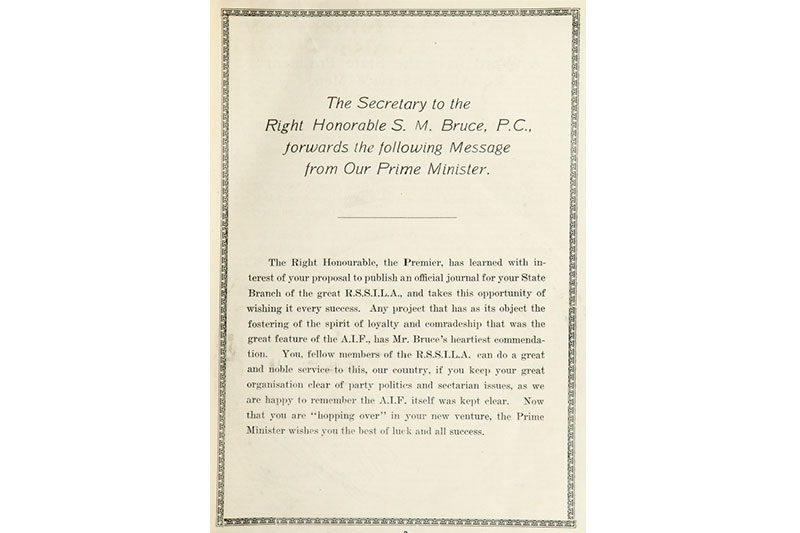 msg from PM in 1925 - commending RSL QLD