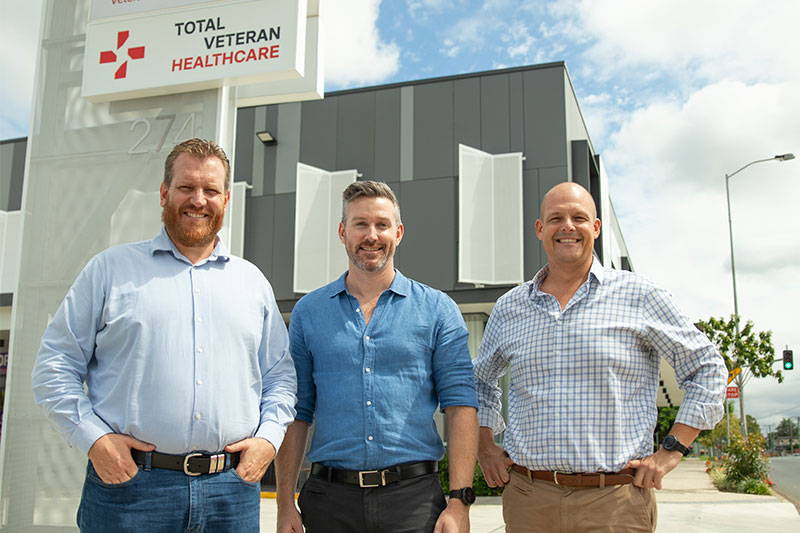 Josh Hall, Total Veteran Healthcare Owner and CEO, Joel Tunstall, Total Veteran Healthcare Chief Commercial Officer, and Troy Watson, RSL Queensland Deputy CEO – Veteran Services