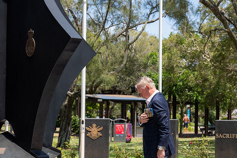 RSL Queensland State President Stephen Day DSC AM at the cenotaph